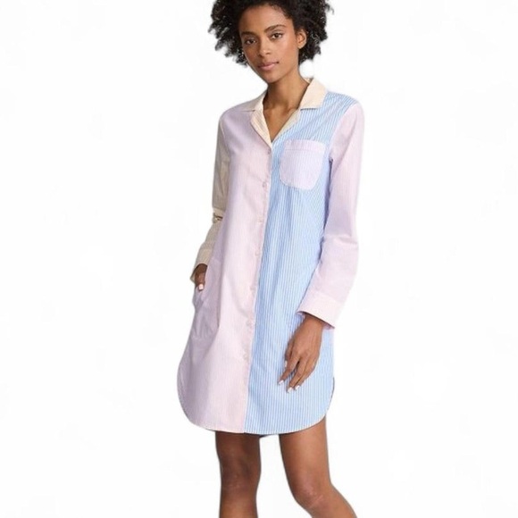 Lands’ End Striped Shirt Dress Multicolor Button Down Pockets Size Large 14–16 - Picture 2 of 11